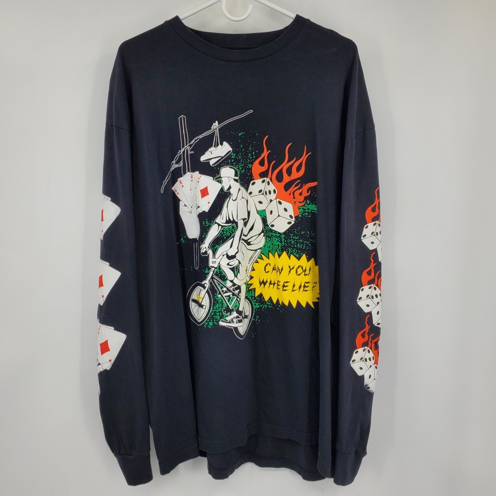 John Geiger Co Men XXL Black Can You Wheelie BMX Graphic Long Sleeve T-Shirt Y2K